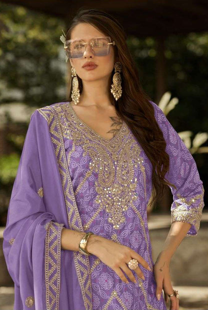 Pure Chinon Bandhani Palazzo Set – Zari & Mirror Embroidery | Mehndi & Bridal Outfit