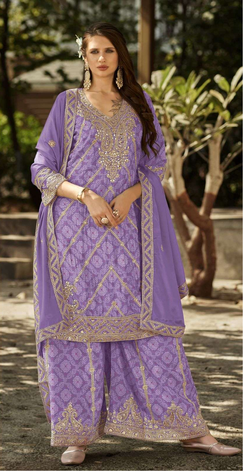 Pure Chinon Bandhani Palazzo Set – Zari & Mirror Embroidery | Mehndi & Bridal Outfit