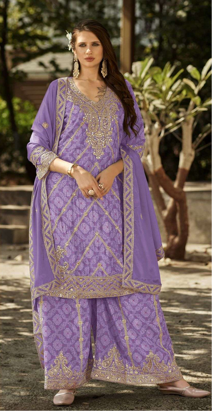 Pure Chinon Bandhani Palazzo Set – Zari & Mirror Embroidery | Mehndi & Bridal Outfit