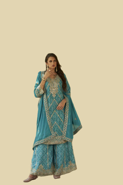 Pure Chinon Bandhani Palazzo Set – Zari & Mirror Embroidery | Mehndi & Bridal Outfit