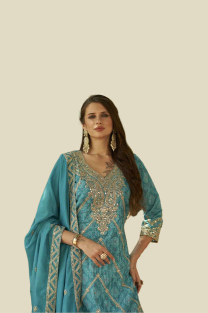 Pure Chinon Bandhani Palazzo Set – Zari & Mirror Embroidery | Mehndi & Bridal Outfit
